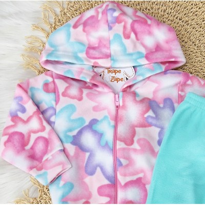 Conj. Jaqueta com Capuz Ursinhos Coloridos e Calça em Plush - Rosa e Verde Água