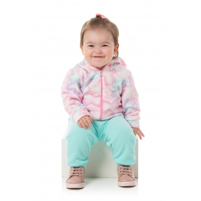 Conj. Jaqueta com Capuz Ursinhos Coloridos e Calça em Plush - Rosa e Verde Água
