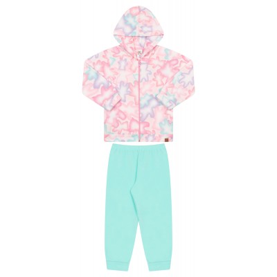 Conj. Jaqueta com Capuz Ursinhos Coloridos e Calça em Plush - Rosa e Verde Água