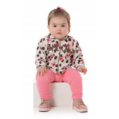 Conj. Jaqueta Meow com Capuz e Calça Legging - Mescla e Rosa