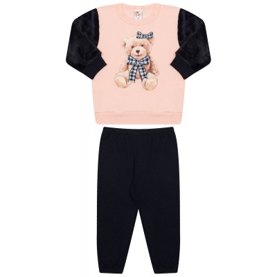 Blusa Ursinha com Manga Longa em Pelinho e Calça em Moletinho - Preto e Rosê