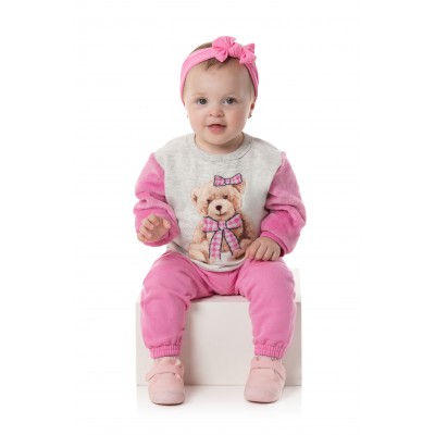  Blusa Ursinha com Manga Longa em Pelinho e Calça em Moletinho - Rosa e Mescla