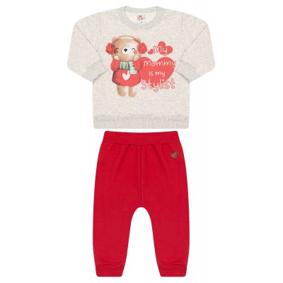Conj. Blusa Manga Longa My Mommy is My Stylist e Calça em Moletinho - Mescla e Vermelho 