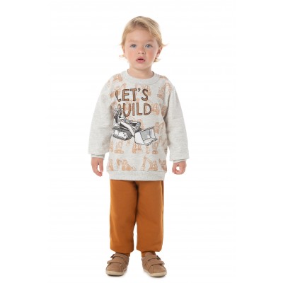 Inverno  - Blusa Manga Longa Let's Build e Calça em Moletom - Mescla e Ferrugem