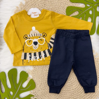 Conj. Blusa Manga Longa Urso Forest e Calça Moletinho - Mostarda e Marinho