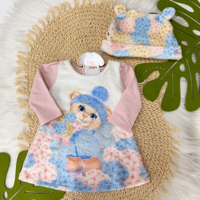  Vestido Ursinha Manga Longa em Plush e Gorro com Orelhinha - Rosa
