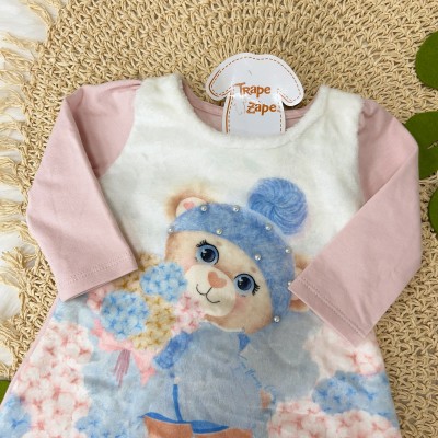  Vestido Ursinha Manga Longa em Plush e Gorro com Orelhinha - Rosa
