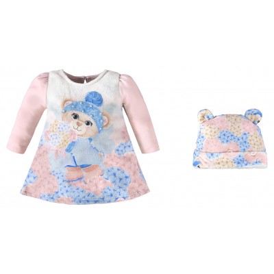  Vestido Ursinha Manga Longa em Plush e Gorro com Orelhinha - Rosa