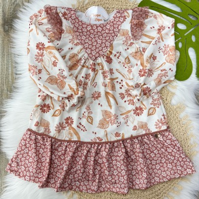  Vestido Manga Longa Floral com Babados - Off White e Marrom