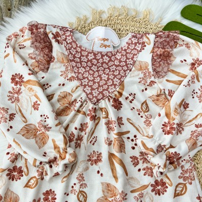  Vestido Manga Longa Floral com Babados - Off White e Marrom