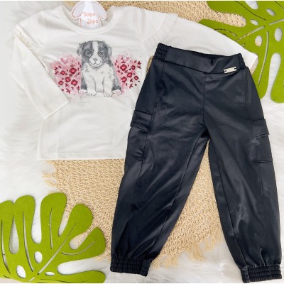 Inverno 24 - Conj. Blusa Manga Longa Filhotinho e Calça - Off White e Preto