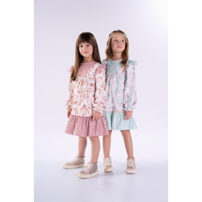  Vestido Manga Longa Floral com Babados - Off White e Marrom