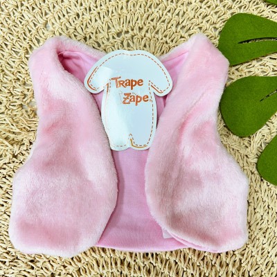 Conj. Colete em Pelinho, Body Manga Longa e Calça Safari Off White - Rosa