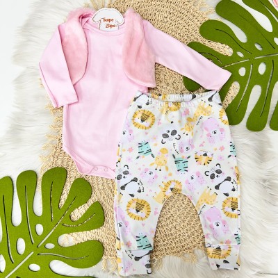 Conj. Colete em Pelinho, Body Manga Longa e Calça Safari Off White - Rosa