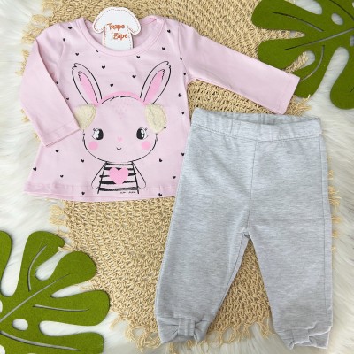 Conj. Blusa Manga Longa Coelhinha com Corações e Calça - Rosa e Mescla 