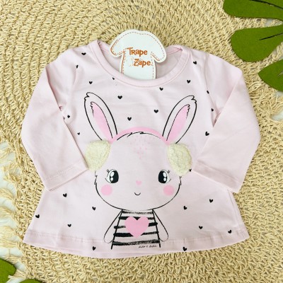 Conj. Blusa Manga Longa Coelhinha com Corações e Calça - Rosa e Mescla 