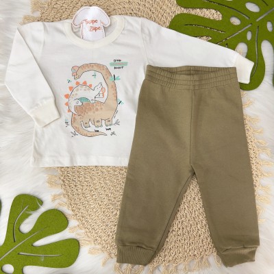  Conj. Blusa Manga Longa Dino Adventure Await e Calça Moletinho - Off White e Marfim