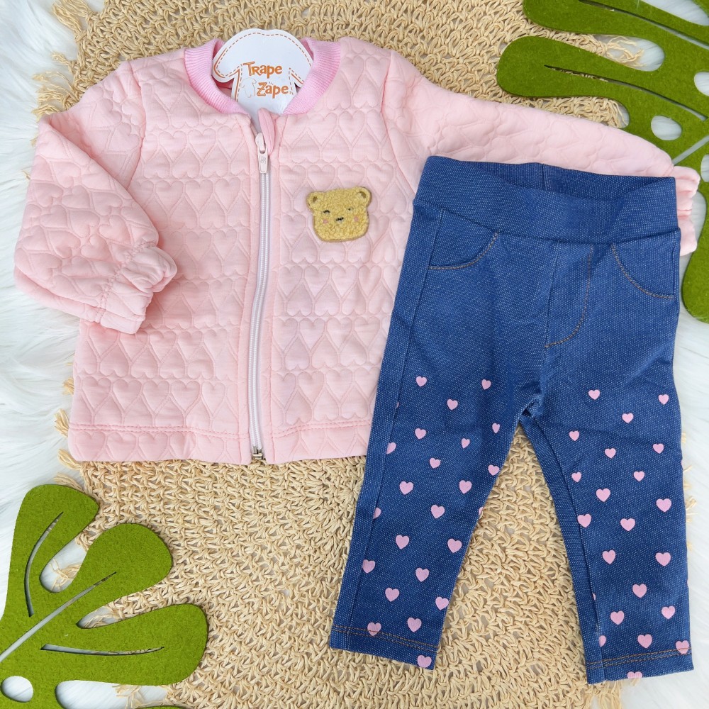  Conj. Jaqueta com Abertura em Zíper Ursinha e Calça Legging Corações - Rosa e Jeans 