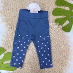  Conj. Jaqueta com Abertura em Zíper Ursinha e Calça Legging Corações - Rosa e Jeans 