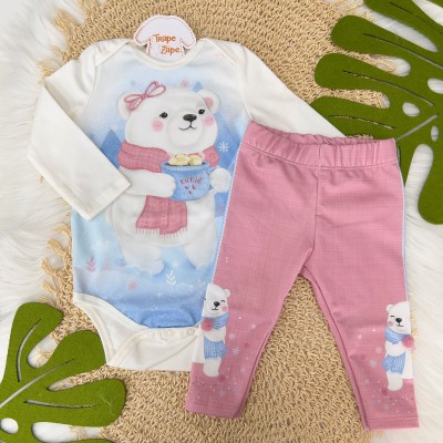 Conj. Body Manga Longa Ursinha Polar e Calça Legging - Off White e Rosa
