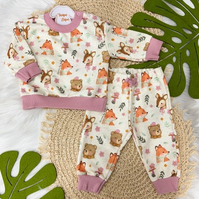 Inverno 24 - Conj. Blusa e Calça Moletinho Floresta Encantada  - Areia e Uva