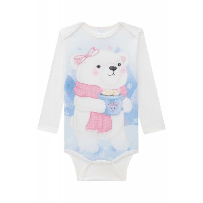 Conj. Body Manga Longa Ursinha Polar e Calça Legging - Off White e Rosa
