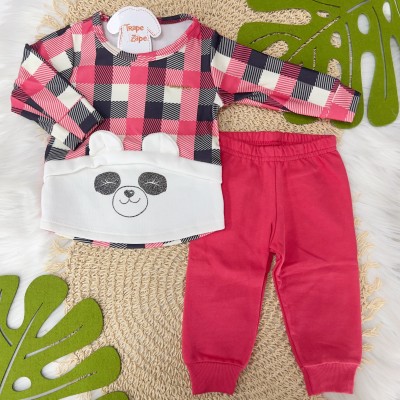 Inverno 24 - Conj. Blusa Xadrez Pandinha e Calça Moletinho - Preto e Pink