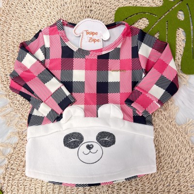 Inverno 24 - Conj. Blusa Xadrez Pandinha e Calça Moletinho - Preto e Pink