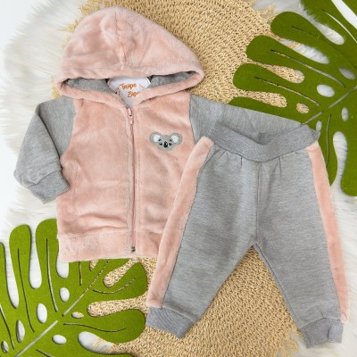 Conj. Jaqueta em Pelinhos Coala e Calça em Moletinho - Rosa e Mescla