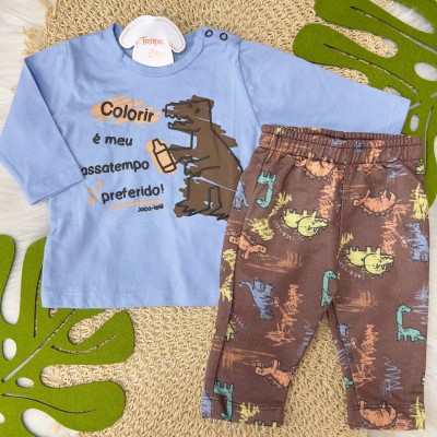  Conj. Blusa "Colorir é o meu Passatempo Preferido" e Calça Dinos - Azul e Marrom