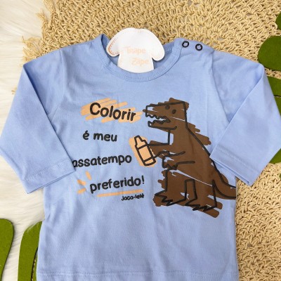  Conj. Blusa "Colorir é o meu Passatempo Preferido" e Calça Dinos - Azul e Marrom