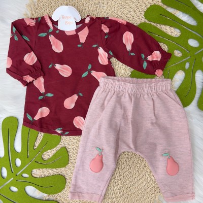  Conj. Blusa com detalhe no punho e Calça Moletinho Peras - Bordô e Rosa Mescla