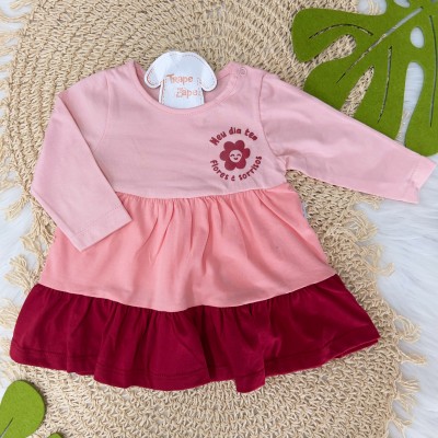  Vestido Manga Longa "Meu Dia Tem Flores e Sorrisos - Rosa, Rose e Bordô
