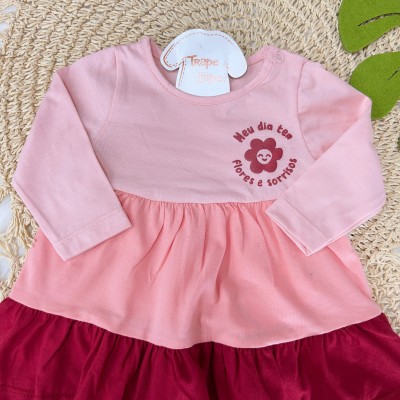  Vestido Manga Longa "Meu Dia Tem Flores e Sorrisos - Rosa, Rose e Bordô