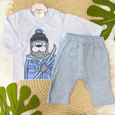  Conj. Blusa Manga Longa Leão Marinho e Calça em Moletinho - Branco e Azul