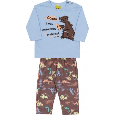 Conj. Blusa "Colorir é o meu Passatempo Preferido" e Calça Dinos - Azul e Marrom