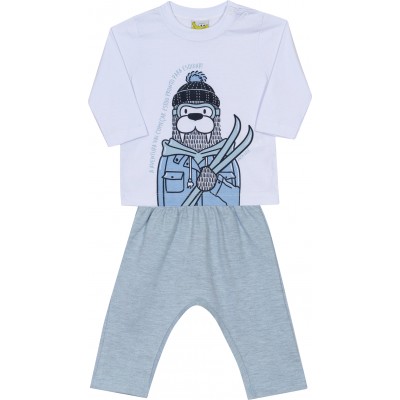  Conj. Blusa Manga Longa Leão Marinho e Calça em Moletinho - Branco e Azul