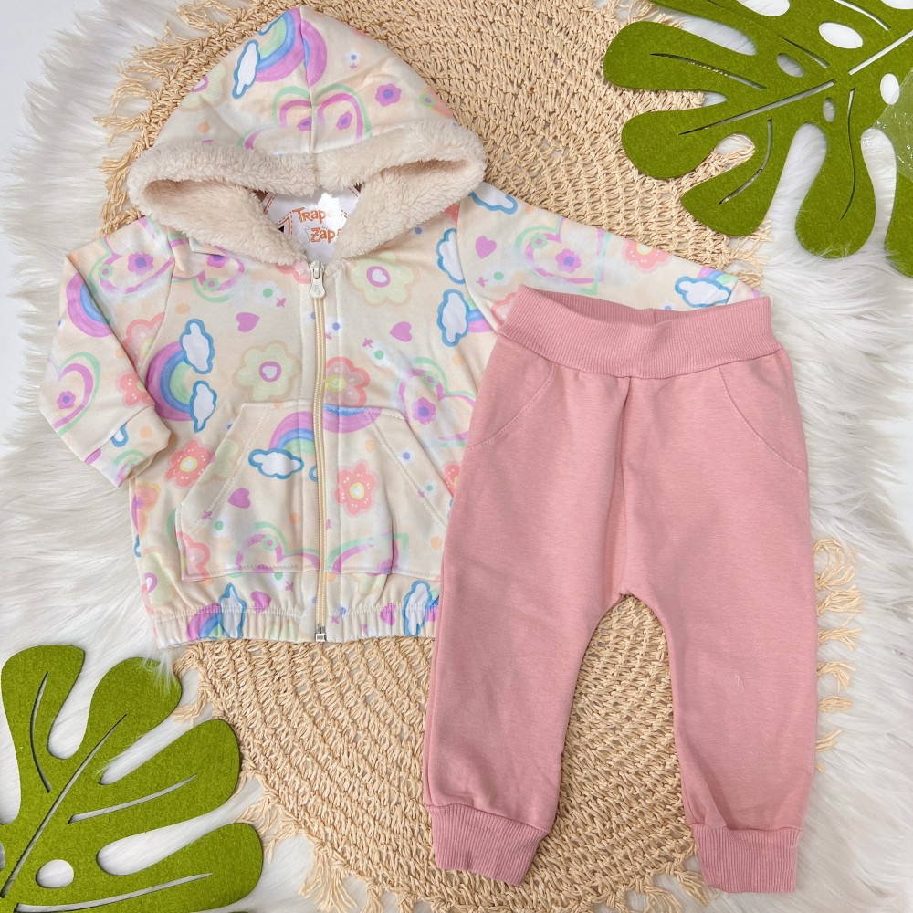  Inverno 24 - Conj.Jaqueta com Capuz Arco-Íris e Calça Moletinho- Creme e Rose