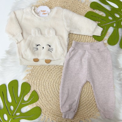  Conj. Blusa Ratinha Peludinha e Calça Moletinho - Off White e Rose Mescla