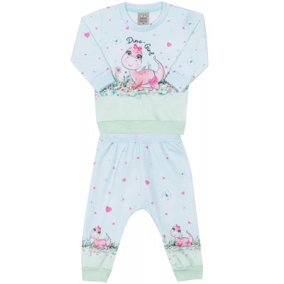  Conj.Blusa Manga Longa Dino Girl e Calça Moletinho - Azul
