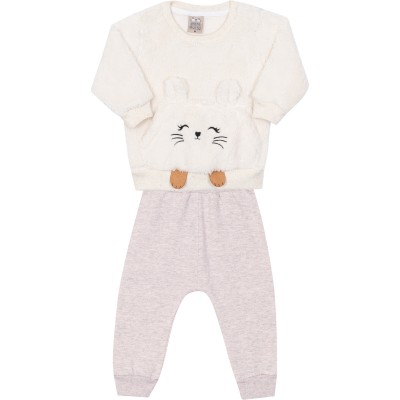  Conj. Blusa Ratinha Peludinha e Calça Moletinho - Off White e Rose Mescla