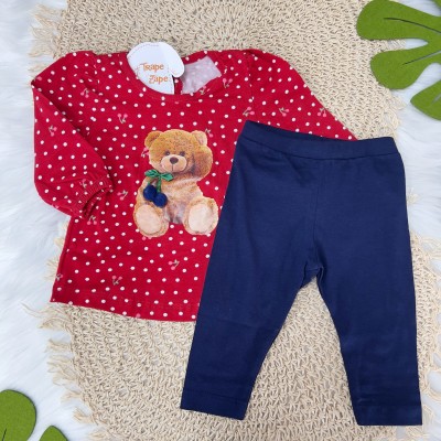  Conj. Blusa Manga Longa Poá com Ursinho cherry e Calça Legging - Vermelho e Marinho
