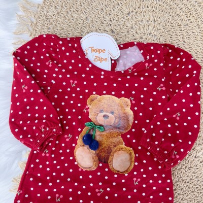  Conj. Blusa Manga Longa Poá com Ursinho cherry e Calça Legging - Vermelho e Marinho