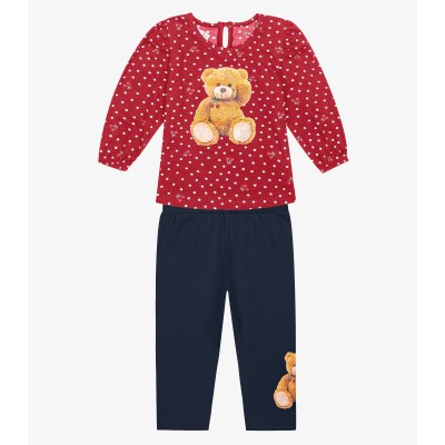  Conj. Blusa Manga Longa Poá com Ursinho cherry e Calça Legging - Vermelho e Marinho