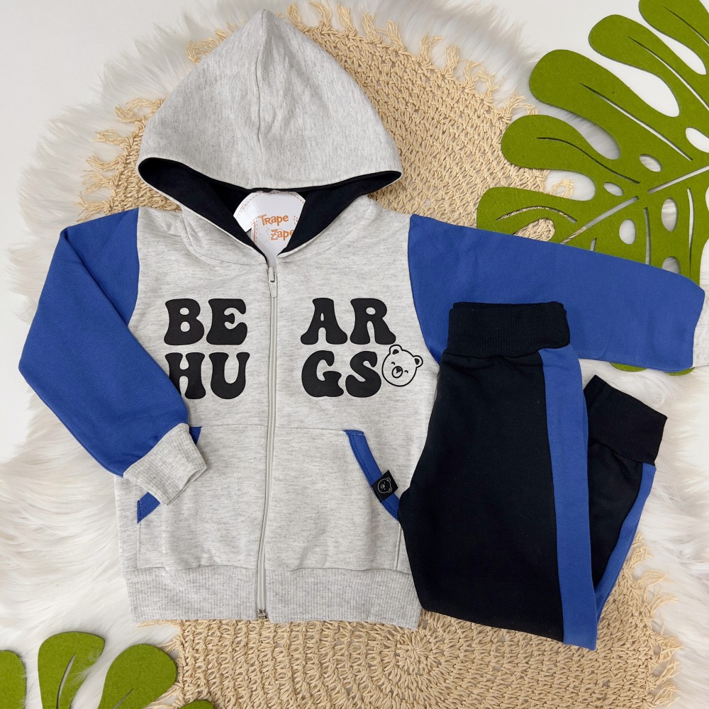 Inverno 24 - Conj. Jaqueta com bolso frontal e Calça Moletinho Bear Hugs - Azul e Mescla