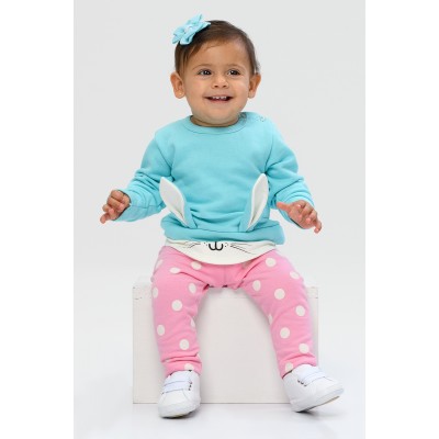 Inverno 24 - Conj. Blusa Moletinho Coelhinha Azul e Calça Rosa Poá