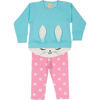 Inverno 24 - Conj. Blusa Moletinho Coelhinha Azul e Calça Rosa Poá