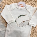 Body Manga Longa e Calça Ursinho com Boné - Verde e Off White