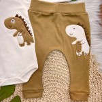 Body Longo e Calça Dinozinho Listrado - Marrom