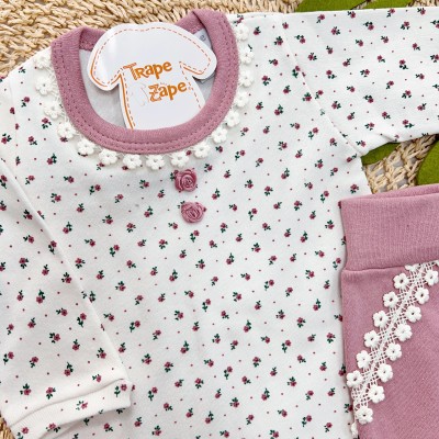 Conjunto Body Manga Longa Florzinhas e Calça com Flores e Renda - Uva